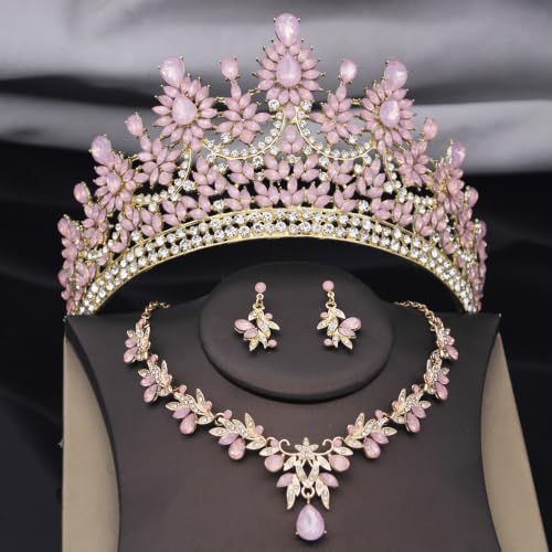 Crowns and Tiaras Jewelry Set for Women.Wedding (Gold Green) | Wedding Crown, Necklace Earrings, Princess Queen Birthday Party, Pageant Bridal, Costume Accessories - color: Opal Pink
