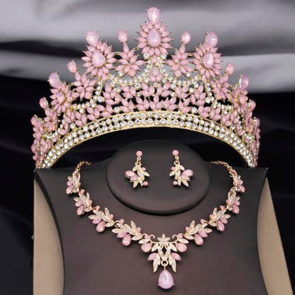 Crowns and Tiaras Jewelry Set for Women.Wedding (Gold Green) | Wedding Crown, Necklace Earrings, Princess Queen Birthday Party, Pageant Bridal, Costume Accessories - color: Opal Pink