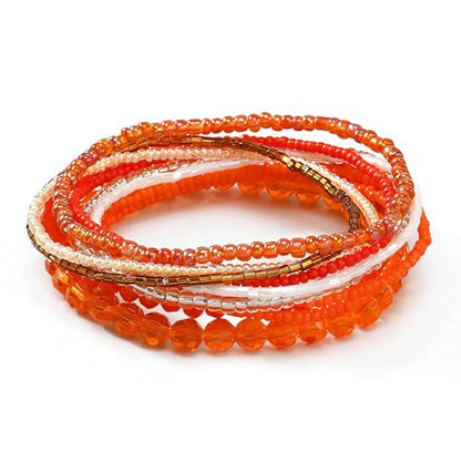 Handmade Stackable Rice Seed Beaded Ball Bracelets set for women, Romantic Boho Trendy Acrylic Glass Stretch Accessories Multi Layer Jewelry, Daily Wear Party Holiday Friendship Gift - color: Orange