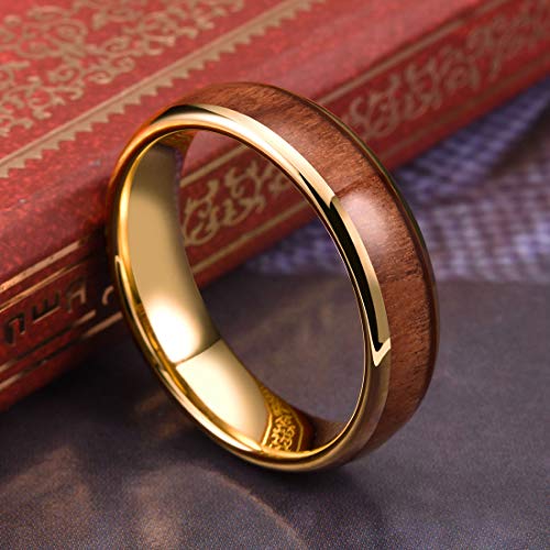 THREE KEYS JEWELRY Tungsten Wedding Band Koa wood Inlay Black Domed | 4mm, 6mm, 8mm, Everyday Wear, Black, Domed, Koa wood inlay - color: Rose Gold 6mm