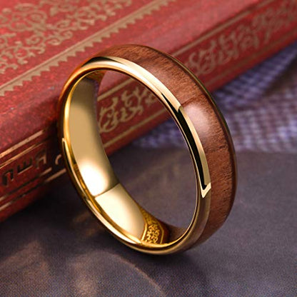 THREE KEYS JEWELRY Tungsten Wedding Band Koa wood Inlay Black Domed | 4mm, 6mm, 8mm, Everyday Wear, Black, Domed, Koa wood inlay - color: Rose Gold 6mm