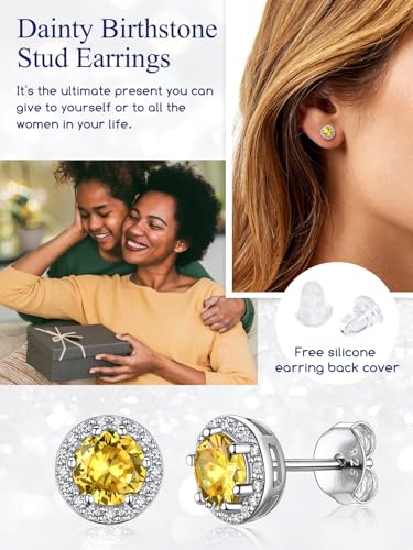 Suplight 925 Sterling Silver Birthstone Stud Earrings for Women, Round/Heart/Teardrop/Square Crystal Diamond Earrings for Women, Dainty Birthday Gifts Jewelry - color: style a-11. round-November(Created Citrine)