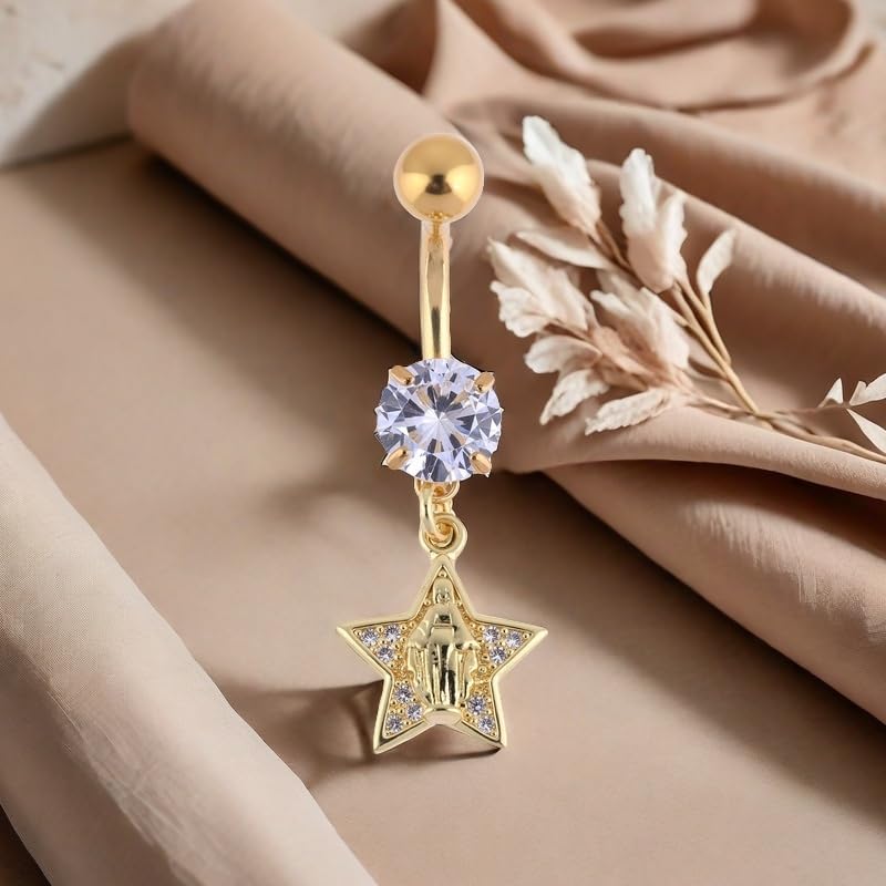 B BodyPJ Sparkles 14G Religious Belly Button Ring with Crystal Cross and Religious Charms, Stainless Steel - style: Type A,Gold