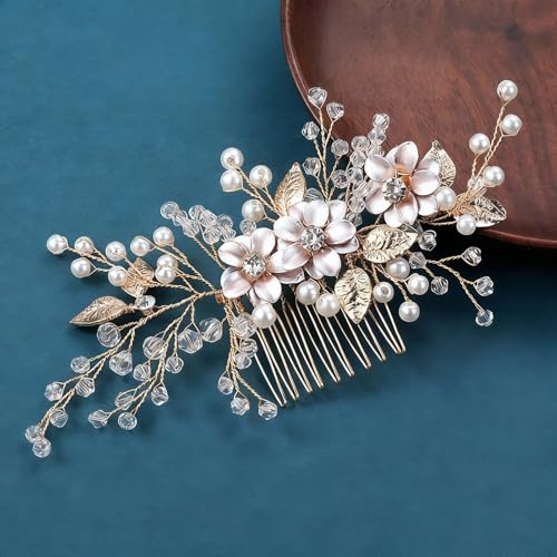Flower Leaf Design Wedding Hair Comb, Metal Bridal Hair Accessory with Rhinestone, Wedding Prom Hair Clip Headpiece for Women (Gold Flower) - color: Gold Flower
