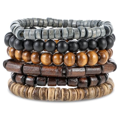 Wooden Mens Beaded Bracelets Adjustable Elasticity Mens Bracelet Multi-Layer Detachable Beaded Bracelets for Men - color: T-001