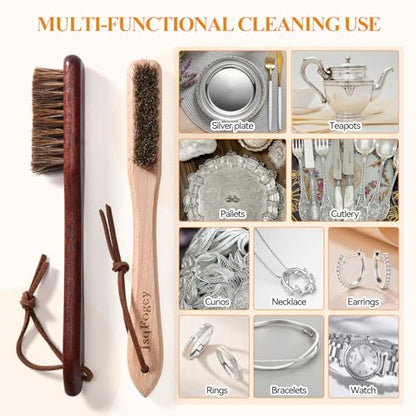 Horsehair Silver Cleaning Brush Set - 2PCS Premium Detailing Brush & Polishing Cloth for Silverware, Jewelry, Plateware & Sterling Silver (Style A)