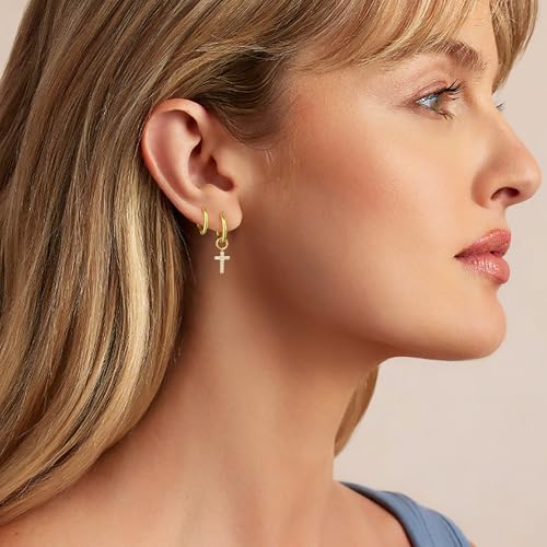 DAILY VIBES Cute Butterfly Star Cross Heart CZ Dangle Earrings for Women | 925 Sterling Silver Post, 14K Gold or Silver Plated, Mini Cubic Zirconia Dainty Drop, Cartilage Small Huggie Hoop Earrings - color: Gold Cross CZ