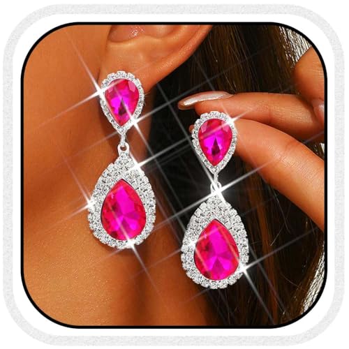 Catery Crystal Wedding Earrings Silver Rhinestone Ear Rings Teardrop Bridal Ear Jewelry for Brides and Women - color: Hot Pink