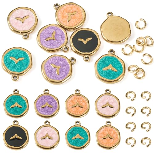 8Pcs Cute Stainless Steel Enamel Charms Flat Round with Fishtail Pendant Mixed Color Animal Theme Dangle Charm with Jump Ring for DIY Necklace Keychain Jewelry Making - color: Fishtail
