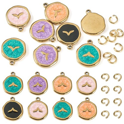 8Pcs Cute Stainless Steel Enamel Charms Flat Round with Fishtail Pendant Mixed Color Animal Theme Dangle Charm with Jump Ring for DIY Necklace Keychain Jewelry Making - color: Fishtail