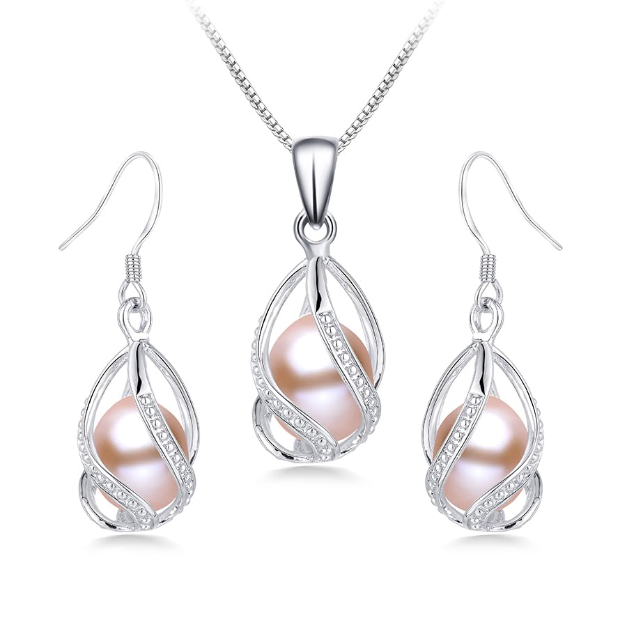 Pearl Jewelry Set For Women S925 Sterling Silver/14K Gold Plated Necklace & Earrings Set Freshwater Pearl Pendant Cage Set for Wedding Anniversary Prom Birthday Gift - color: Silvery-Pink