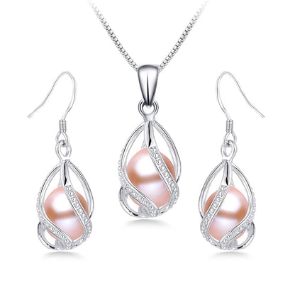 Pearl Jewelry Set For Women S925 Sterling Silver/14K Gold Plated Necklace & Earrings Set Freshwater Pearl Pendant Cage Set for Wedding Anniversary Prom Birthday Gift - color: Silvery-Pink
