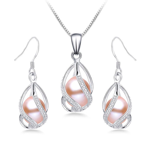 Pearl Jewelry Set For Women S925 Sterling Silver/14K Gold Plated Necklace & Earrings Set Freshwater Pearl Pendant Cage Set for Wedding Anniversary Prom Birthday Gift - color: Silvery-Pink