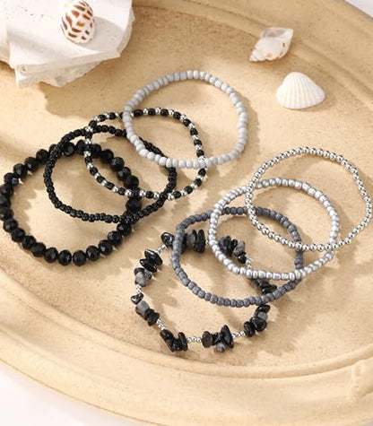 Noessla Boho Beaded Bracelets for Women Stackable Irregular Natural Stone Bead Stretch Bracelet Set 8PCS Costume Jewelry Gifts for Her - color: Black&Grey
