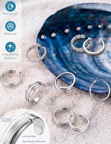 FASACCO 9Pcs 14K Gold Filled Toe Rings Non Tarnish Toe Rings for Women | Adjustable Open Band Ring, Silver Plated Toe Ring, Waterproof Summer Beach Foot Jewelry - color: Silver-Row