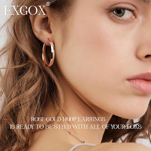 EXGOX 5mm Wide Gold Hoop Earrings for Women,Sterling Silver Hoop Earrings Large Silver Hoop Earrings Hypoallergenic Lightweight 14K Real Gold Plated Big Hoop Earrings for Women 30/40/50/60/70mm - color: Rose color 30MM