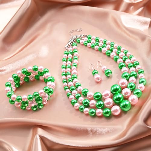 Haysandy Pearl Jewelry Set for Women 20s Jewelry Gift | Retro Layered Necklace Bracelet Earring, Costume Accessories for Derby Wedding Prom Party, Dress Matching Occasions - color: Pink and Green