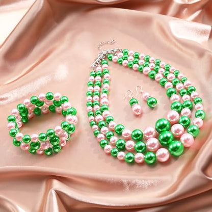 Haysandy Pearl Jewelry Set for Women 20s Jewelry Gift | Retro Layered Necklace Bracelet Earring, Costume Accessories for Derby Wedding Prom Party, Dress Matching Occasions - color: Pink and Green