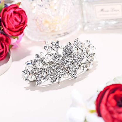 EVER FAITH Austrian Crystal Bridal Hibiscus Cream Simulated Pearl Hair Clip Barrette Clear Silver-Tone - color: Clear