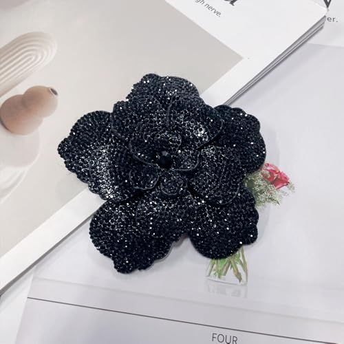 Rhinestone Flower Brooch Pin for Women Men Elegant Sparkly Crystal Camellia Floral Lapel Pins Shawl Dress Suit Clothes Accessories Wedding Party Fashion Jewelry 105mm - color: Black
