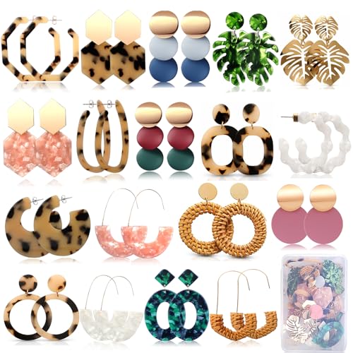 18 Pairs Vacation Statement Earrings for Women Straw Rattan Earrings Acrylic Resin Hoop Drop Dangle Earrings Set Hypoallergenic for Sensitive Ears
