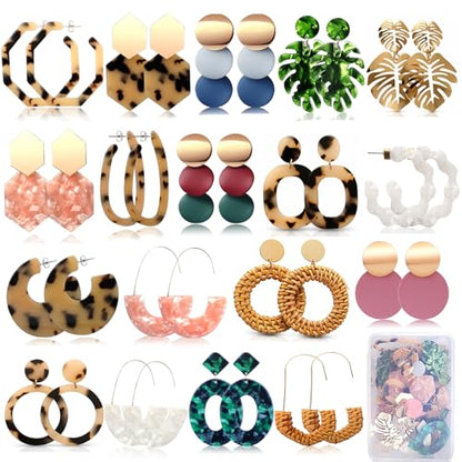 18 Pairs Vacation Statement Earrings for Women Straw Rattan Earrings Acrylic Resin Hoop Drop Dangle Earrings Set Hypoallergenic for Sensitive Ears