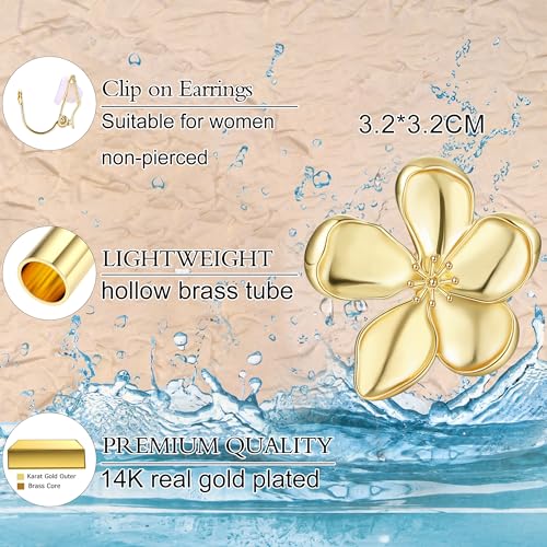 Gold Clip On Earrings for Women Trendy Non Piercing Flower Dangle Earrings Floral Earring 14K Gold Plated Lightweight Earrings for Non-Pierced Ears Fake Earrings Set - style: Flower Earrings