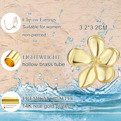 Gold Clip On Earrings for Women Trendy Non Piercing Flower Dangle Earrings Floral Earring 14K Gold Plated Lightweight Earrings for Non-Pierced Ears Fake Earrings Set - style: Flower Earrings