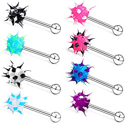 Prjndjw 14G Silicone Soft Spike Ball Tongue Rings Surgical Steel Tongue Rings Koosh Spiky Body Piercing Jewelry 8Pcs 16MM