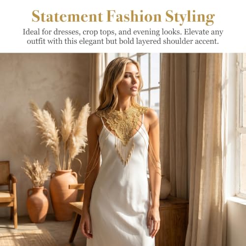Gold Shoulder Jewelry for Women Fine Chain Body Necklace with Flower Lace Design Sexy Cape Style Accessory for Bikini Dress Showgirl Moroccan Outfit and Festival Wear
