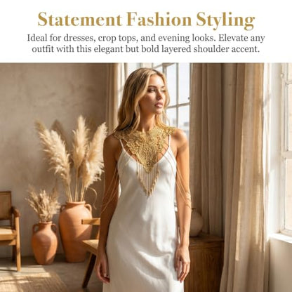 Gold Shoulder Jewelry for Women Fine Chain Body Necklace with Flower Lace Design Sexy Cape Style Accessory for Bikini Dress Showgirl Moroccan Outfit and Festival Wear