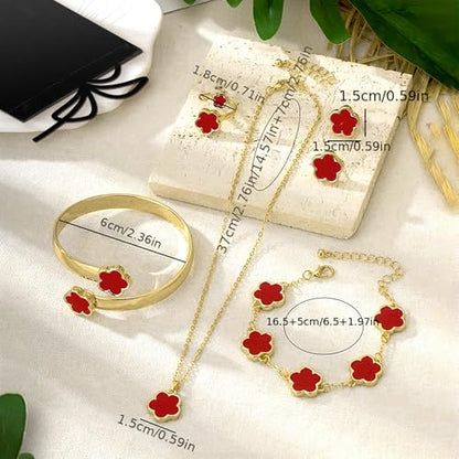 Lucky Flower Alloy Jewelry, Lucky Flower Design Necklace Earrings Bracelet Bangle Ring Jewelry Set, Clover Gold Plated Chain Wrap Ornament & Plush Pouch for Women - color: Red