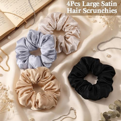 4Pcs Large Satin Hair Scrunchies, Big Pillow Scrunchies for Women Girls Silk Sleepy Scrunchie Ponytail Holders for Thick Hair - color: Elegant Colors