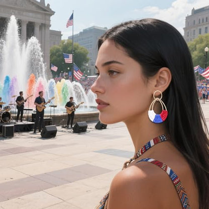 Raffia Hoop Earrings for Women Fun Boho Summer Beach Earrings Lightweight Handmade Straw Wicker Rattan Dangle Earrings Statement Geometric Round Drop Earrings - color: 4th of July Earrings - Teardrop