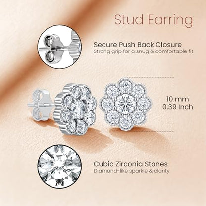 LeCalla 925 Sterling Silver Cubic Zirconia Stud Earrings for Women | Classic CZ Silver Earrings Jewelry | Birthday Anniversary Valentine’s Day Gift for Her, Wife, Mom - color: Flower Cluster CZ
