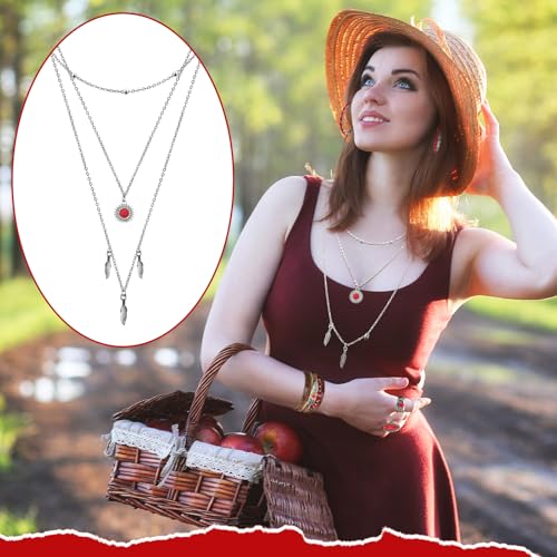 Ecally Bohemian Western Jewelry Turquoise Set Women Country Pendant Long Choker Layered Bracelets Earrings Ring for Women - color: Red, style: Passional
