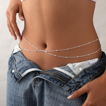Waist Chain for Women 14K Gold/Silver Plated Body Chain Beads Link Belly Chains Belly Belt Waist Beads Chains Adjustable Sexy Bikini Body Jewelry Daily Belts Gifts for Women - style: Layered Beads-SL