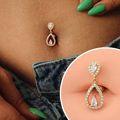 Top Down Belly Button Rings 14g Cute CZ Heart Belly Button Rings for Women Dangle Tear Drop Belly Ring Belly Piercing Jewelry - color: Gold