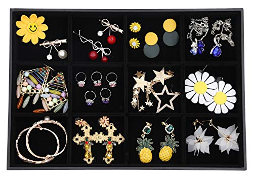 Stratalife 12 Grid Velvet Jewelry Organizer Tray, 13.8" x 9.4" x 1.2" | Stackable Drawer Earring Organizer with Adjustable Dividers, Jewelry Display Tray for Necklace Earring Ring Bracelet, Black - color: Black, size: 12