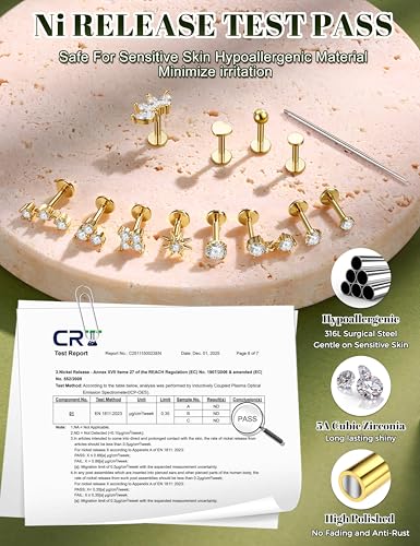 TEN MIRO Flat Back Stud Cartilage Earring for Women Tragus Piercing Jewelry | 16G 18G 20G Hypoallergenic Earrings, Gold Silver Surgical Steel Nose Studs Internal Thread Conch Ring, Helix Piercing Jewelry - color: Gold, size: 1.2mm*6mm (16G)
