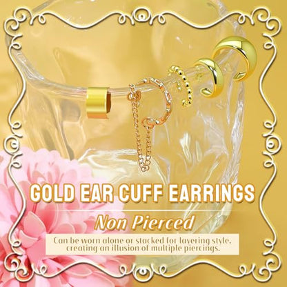 5 Pcs Thin Chunky Ear Cuff Earrings for Women 14K Gold Plated Brass Ear Cuffs Non Piercing Trendy Clip on Cartilage Earrings Cubic Zirconia Fake Piercings Earrings Jewelry - color: Chunky,Chain Gold