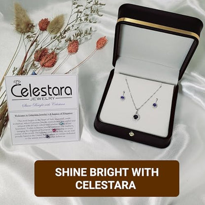 925 Sterling Silver Wedding Jewelry Set for Women - Sapphire Tone Gemstone Pendant Necklace and Stud Earrings with Cubic Zirconia Halo Design - Premium Rhodium Plated Finish - color: Blue