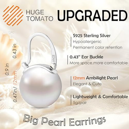 HUGE TOMATO Elegant 925 Sterling Silver Pearl Drop Earrings for Women, 14K Gold Plated Dangle Stud Earrings, Hypoallergenic Large Pearl Hoop Earring dangling 12mm - color: White