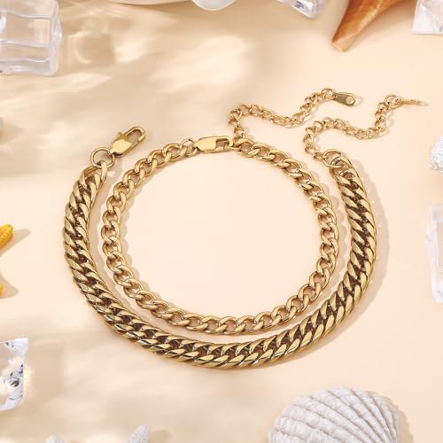 2PCS Ankle Bracelets for Women - Gold/Silver Plated Stainless Steel Anklets Set - Waterproof Layered Cuban Link Chain Anklet Bracelet Summer Beach Foot Jewelry Gifts for Women - color: Style 2-Gold