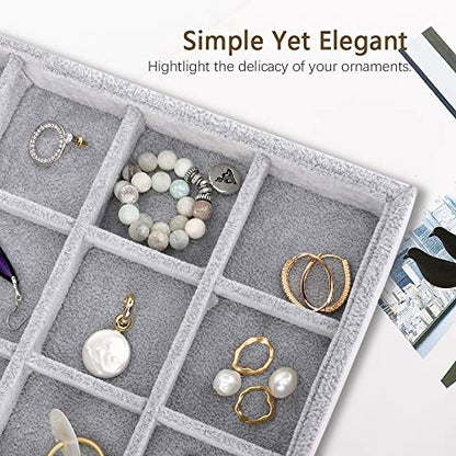 Emibele Jewelry Necklace Bracelets Earrings Organizer, 24 Grids Velvet Tray | Showcase Display Velvet Stackable Jewelry Storage Tray with Detachable Inner Dividers, Greay - style: E1- twenty-four Grids