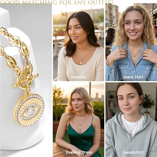 NUZON Sunburst Heart / 2-Tone Interlocking/CZ Evil Eye/Single Pearl/Love Heart Pendant Necklace for Women 14K Gold Chain Necklace Chunky Statement Jewelry - color: Evil Eye - Coffee Bean Chain