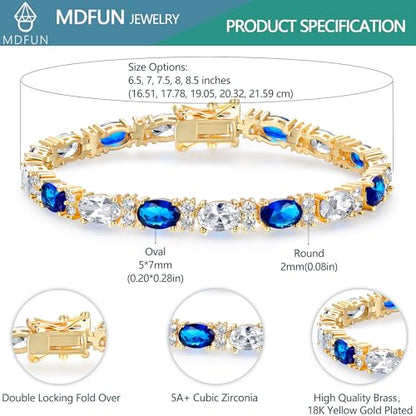MDFUN 18K White/Yellow Gold Plated Green/Blue 5 * 7MM Oval 5A+ Cubic Zirconia Tennis Bracelet for Women Birthstone Jewelry Gift 6.5-8.5 inch - color: 18K Yellow Gold -Blue