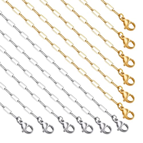 12 pcs Gold and Silver Paperclip Chains for Jewelry Making | 16 Inch Gold Plated Stainless Steel Charm Necklace Chain Bulk for Women and Men - color: 2.5*6.5mm Gold and Steel Color, size: 16Inch