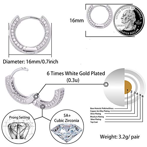Iced Out Hoop Earrings Cubic Zirconia Huggie Cartilage Cuff Hypoallergenic 14K Gold Plated Luxury Fashion Round Circle Earrings For Men Women - color: 02 Silver
