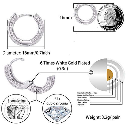 Iced Out Hoop Earrings Cubic Zirconia Huggie Cartilage Cuff Hypoallergenic 14K Gold Plated Luxury Fashion Round Circle Earrings For Men Women - color: 02 Silver